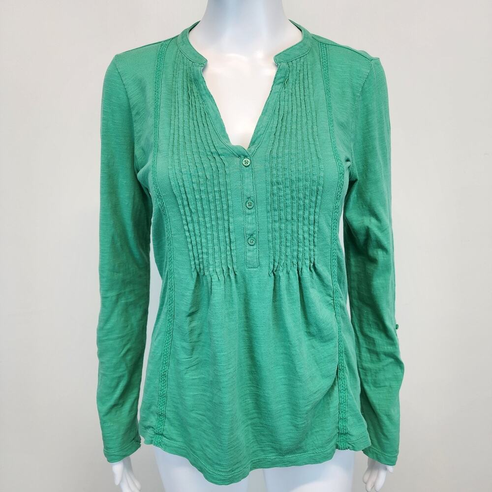 Ann Taylor LOFT Womens Babydoll Henley Top Size XS Green Pleated Long Sleeve Y2K
